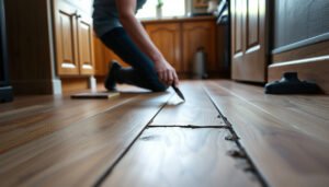 Step-by-step guide on how to repair hardwood floors in a kitchen setting.