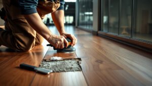 Step-by-step guide on how to repair hardwood floors in a commercial office setting.