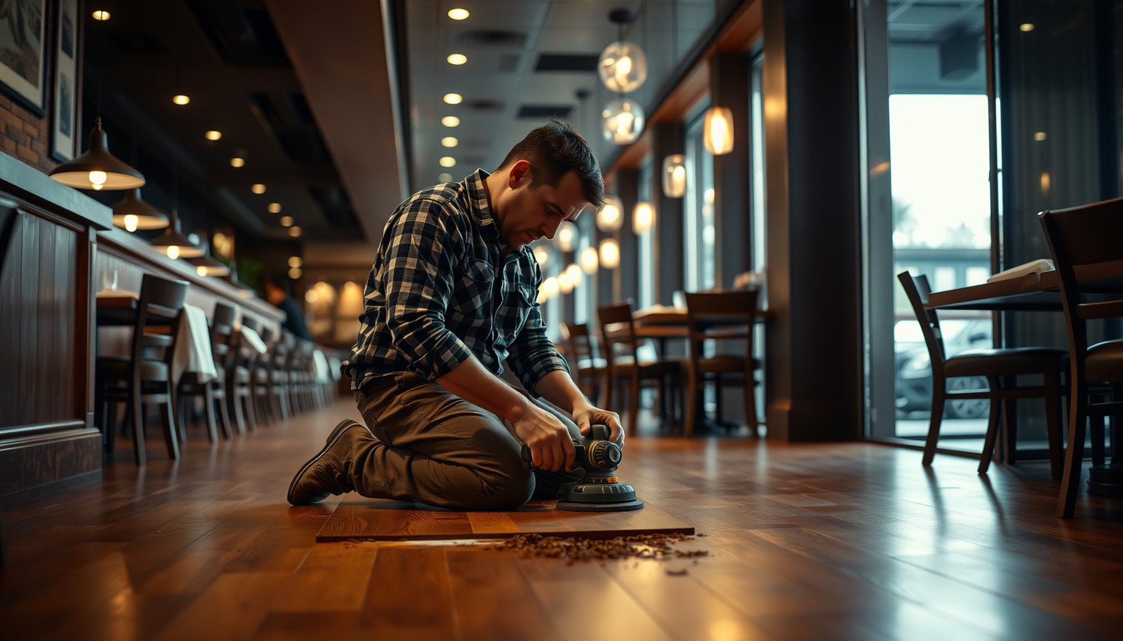 Step-by-step guide on repairing hardwood floors in a restaurant setting.