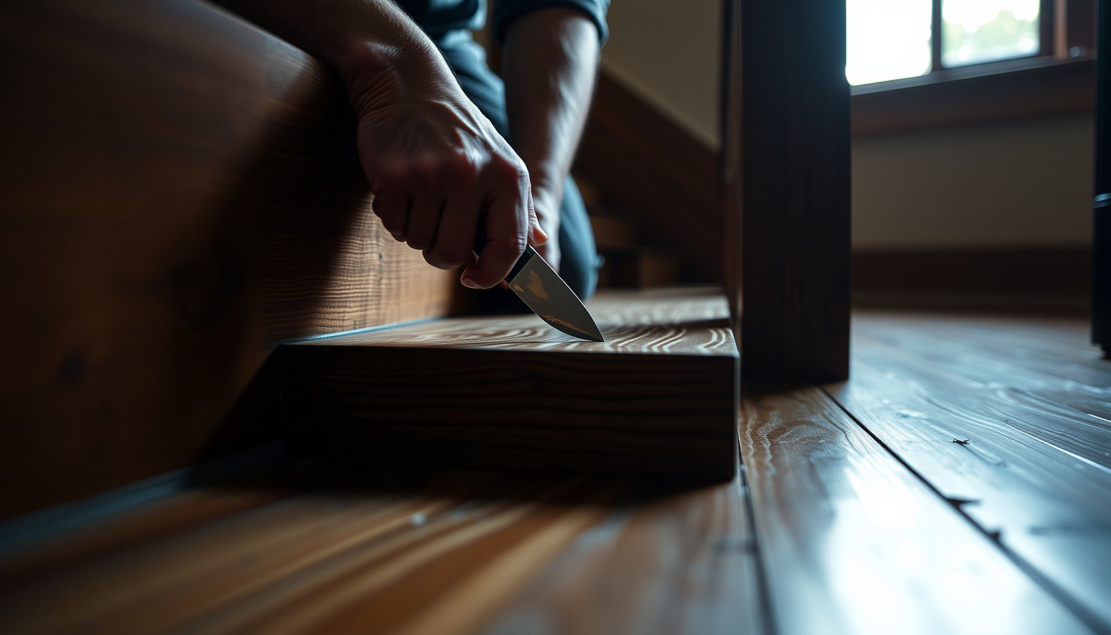 Step-by-step guide to repairing hardwood floors in a staircase with tools and materials.