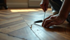 Step-by-step guide on fixing cracks in herringbone floors with tools and materials.