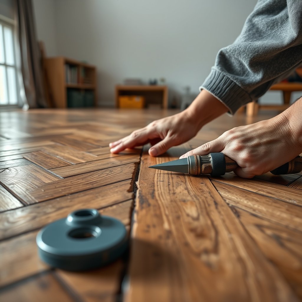 Image showing the process of repairing gaps and loose boards in herringbone floors.