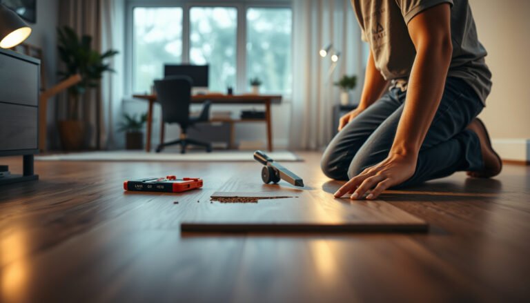 Step-by-step guide on how to repair laminate floors in a home office setting.
