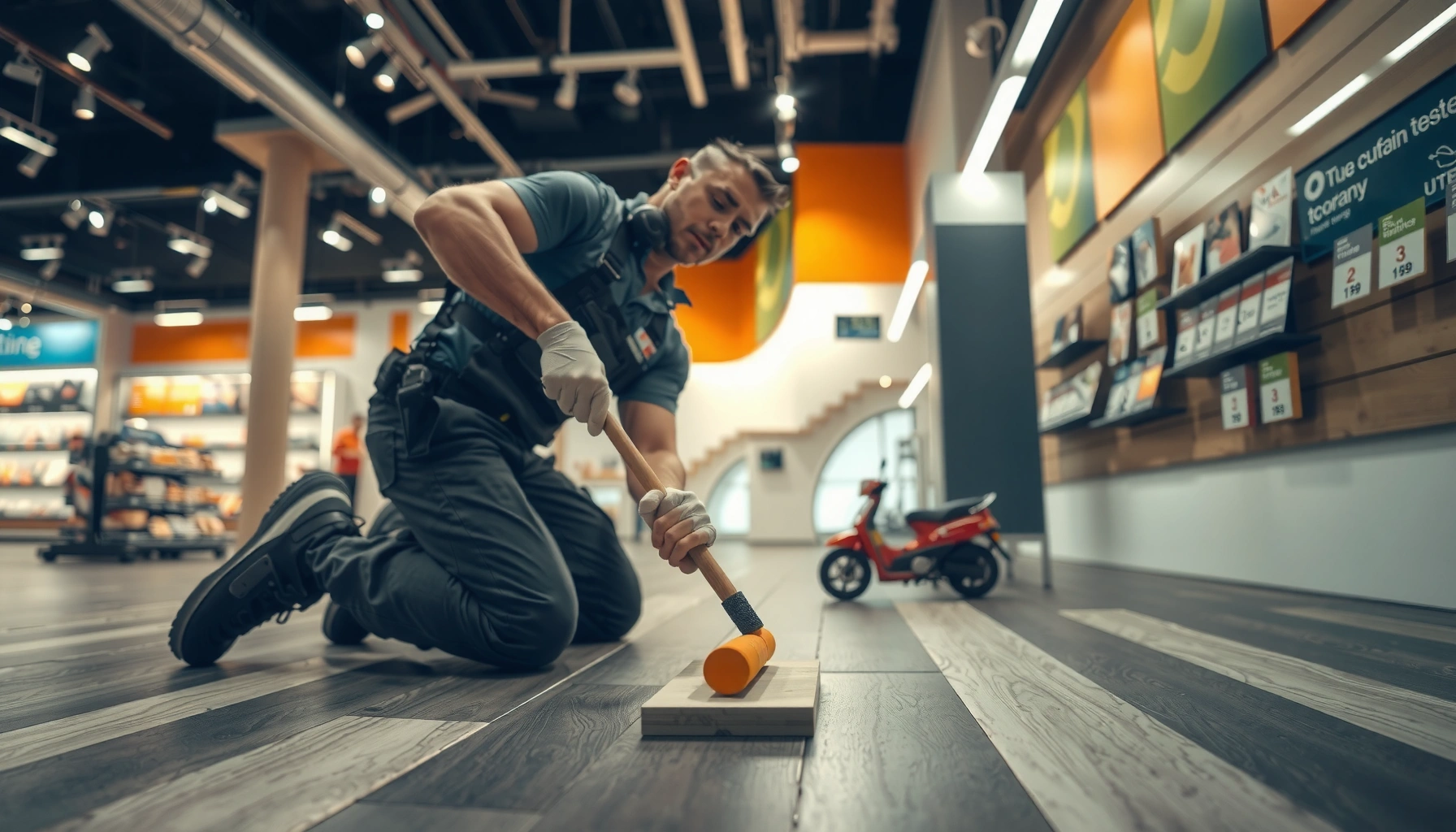 Step-by-step guide on how to repair laminate floors in a retail store setting.