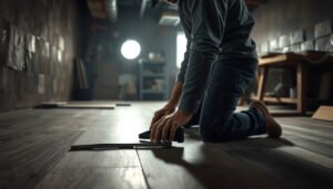 Steps to repair laminate floors in a basement, showcasing tools and techniques for effective restoration.