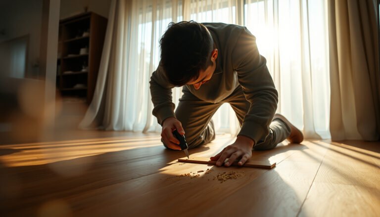 Step-by-step guide on how to repair laminate floors in a dining room setting.