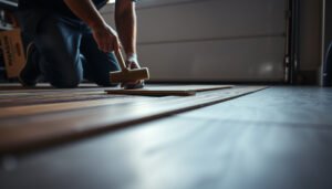 Step-by-step guide on how to repair laminate floors in a garage with tools and materials.
