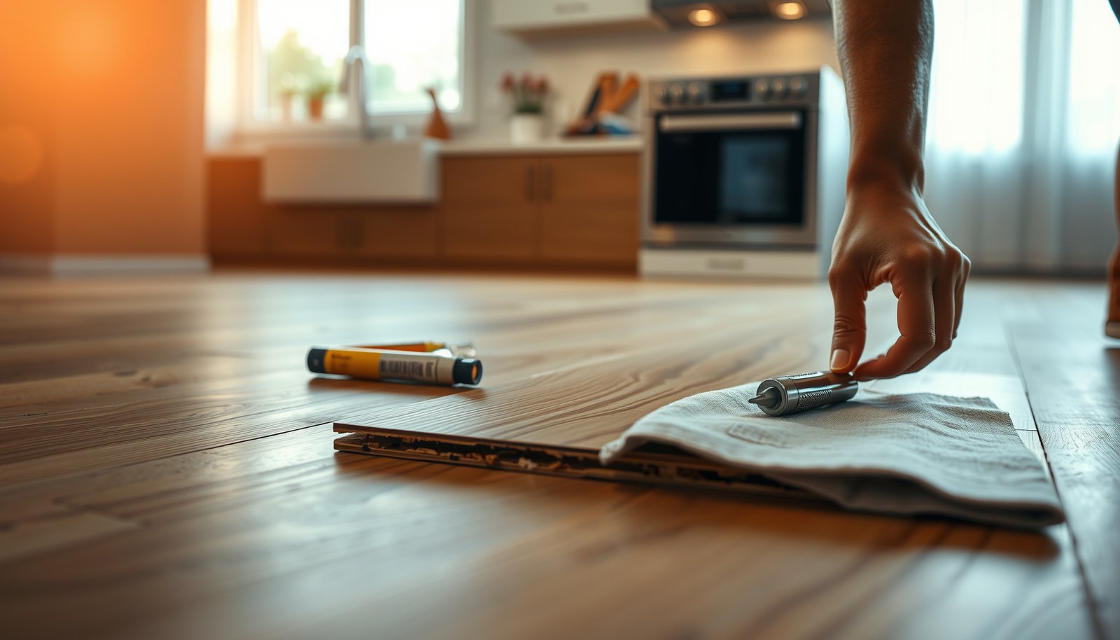 Step-by-step guide to repairing laminate floors in a kitchen with tools and materials.