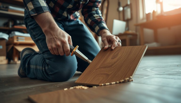Step-by-step guide on repairing laminate floors in a workshop setting with tools and materials.
