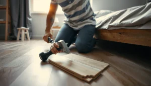 Step-by-step guide on how to repair laminate floors in a bedroom.
