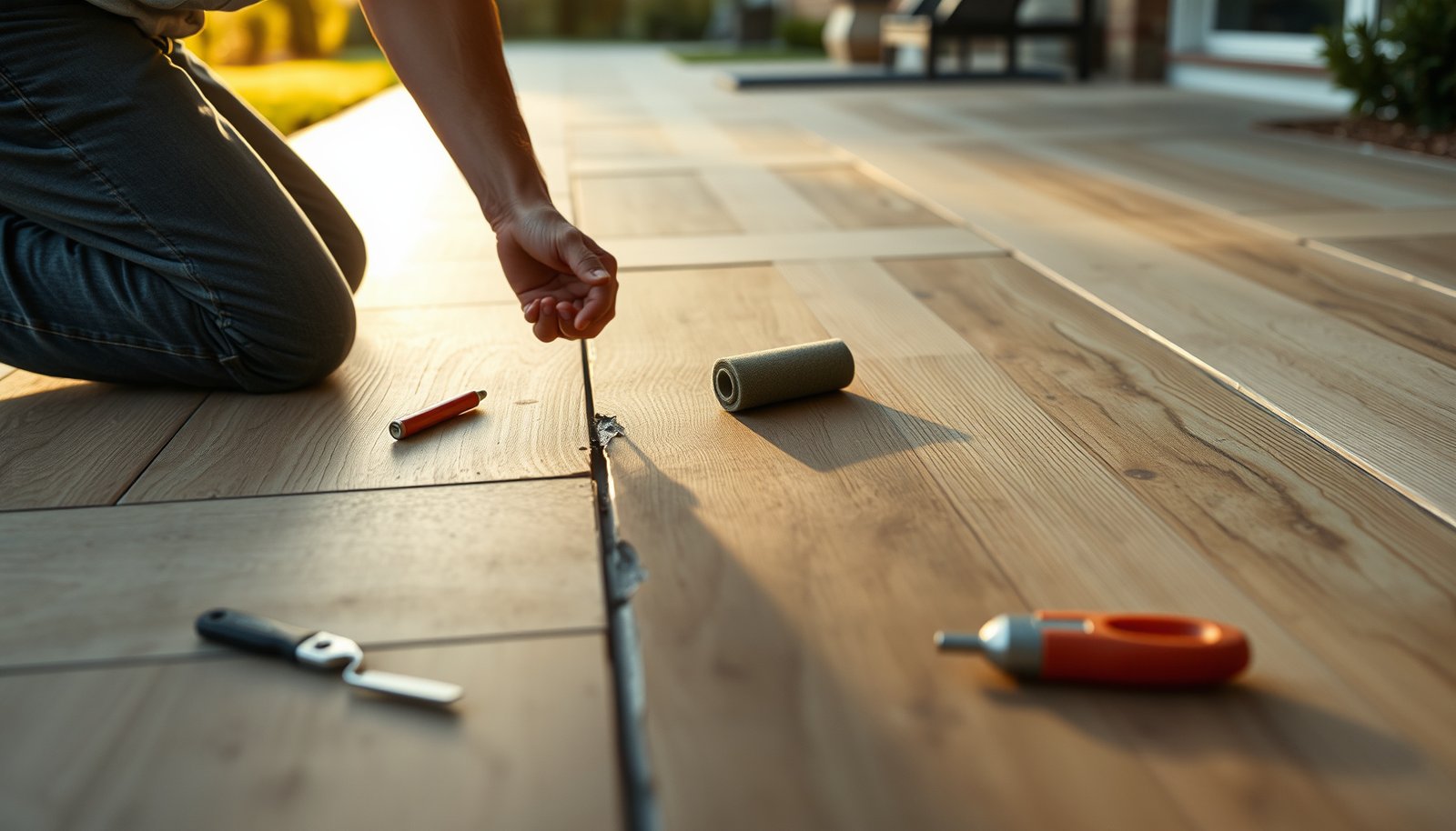Step-by-step guide to repairing outdoor walkway vinyl floors with tools and materials.