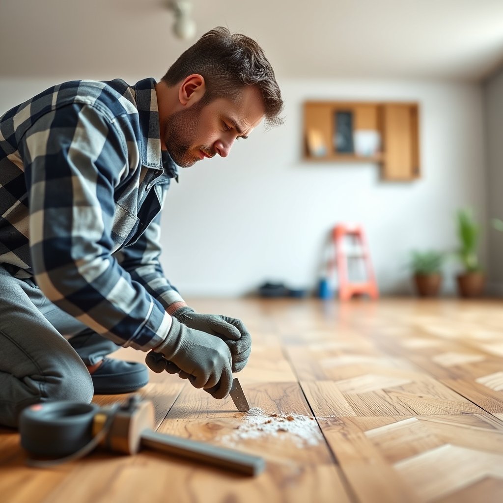 A close-up of a parquet floor showing scratches and dents needing repair.