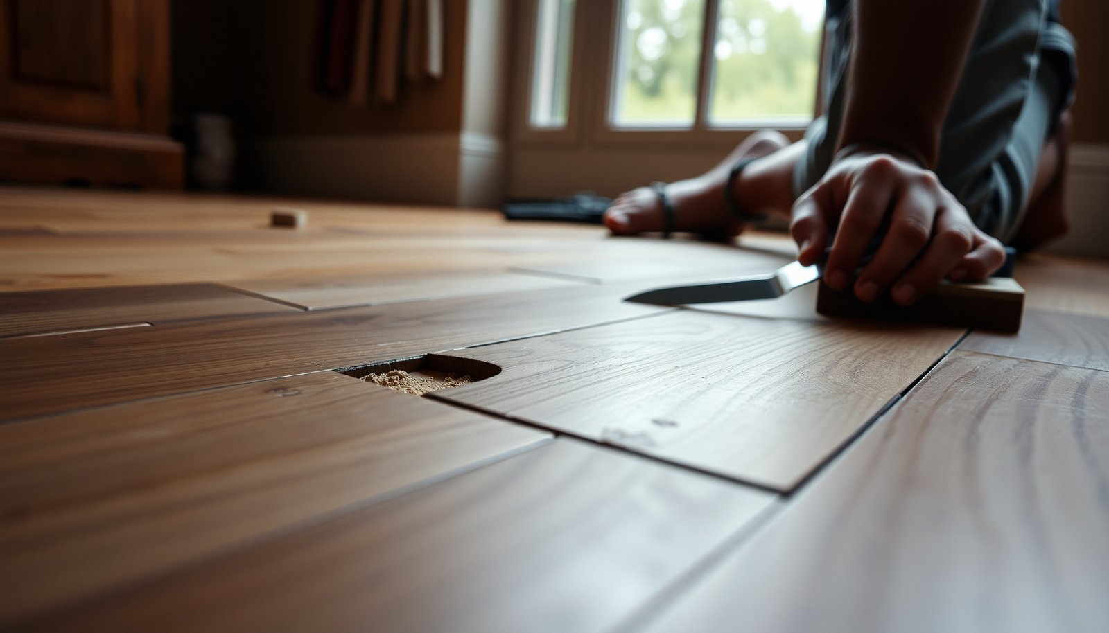 Image showing steps to repair parquet floors, including fixing scratches, gaps, and damage.
