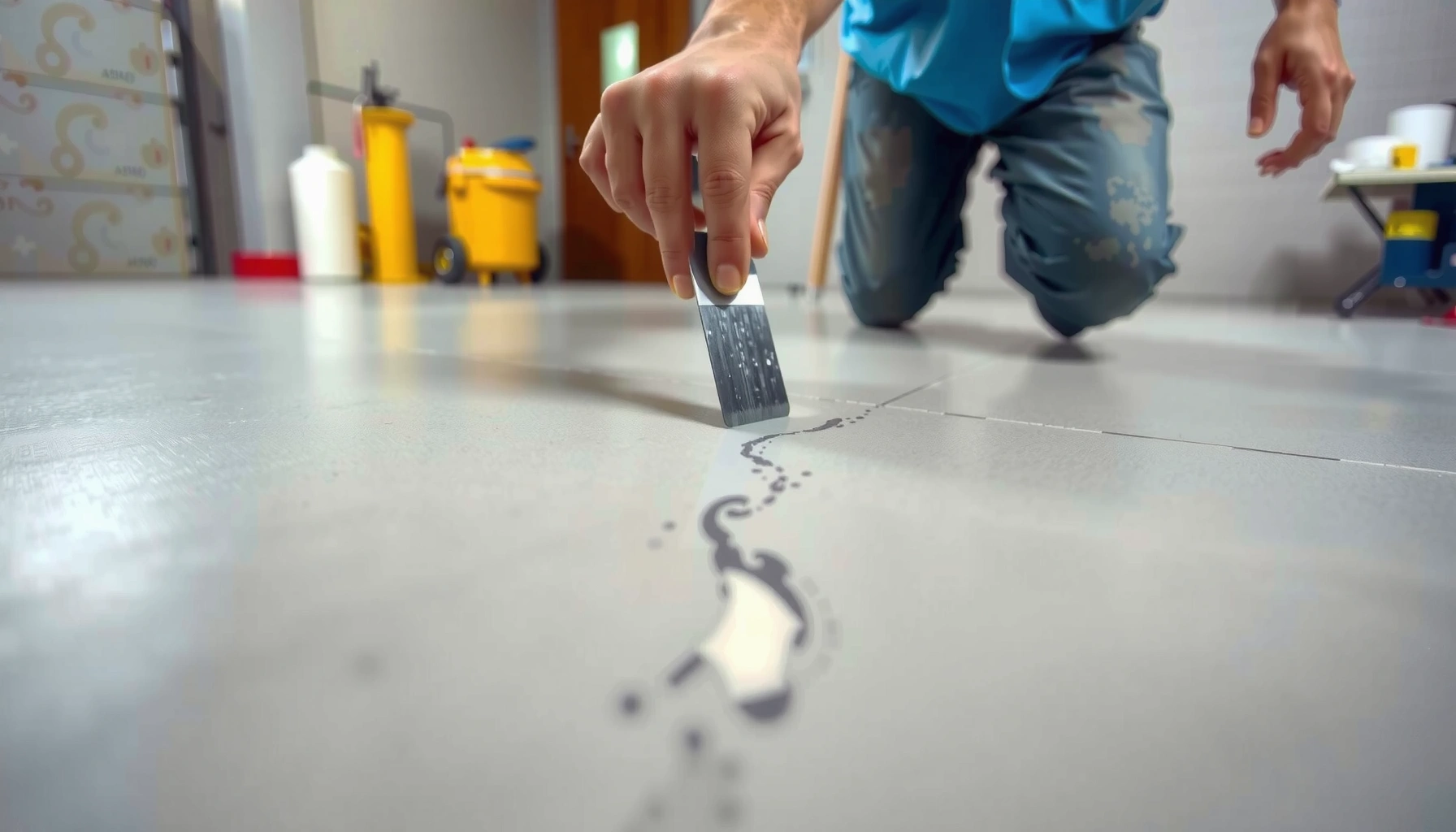 Steps to fix scratches on polyaspartic floors with tools and materials shown.