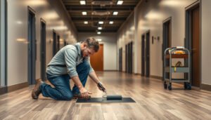 Step-by-step guide on how to repair vinyl floors in a commercial office setting.