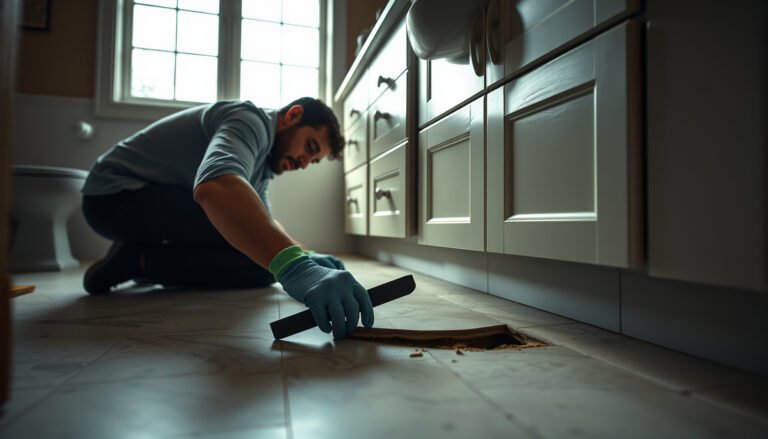 Step-by-step guide on repairing vinyl floors in a bathroom with tools and materials.