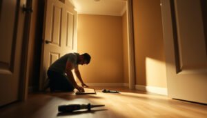 Step-by-step guide for repairing vinyl floors in a closet with tools and materials.