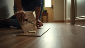 Step-by-step guide on repairing vinyl floors in a hallway with tools and techniques.