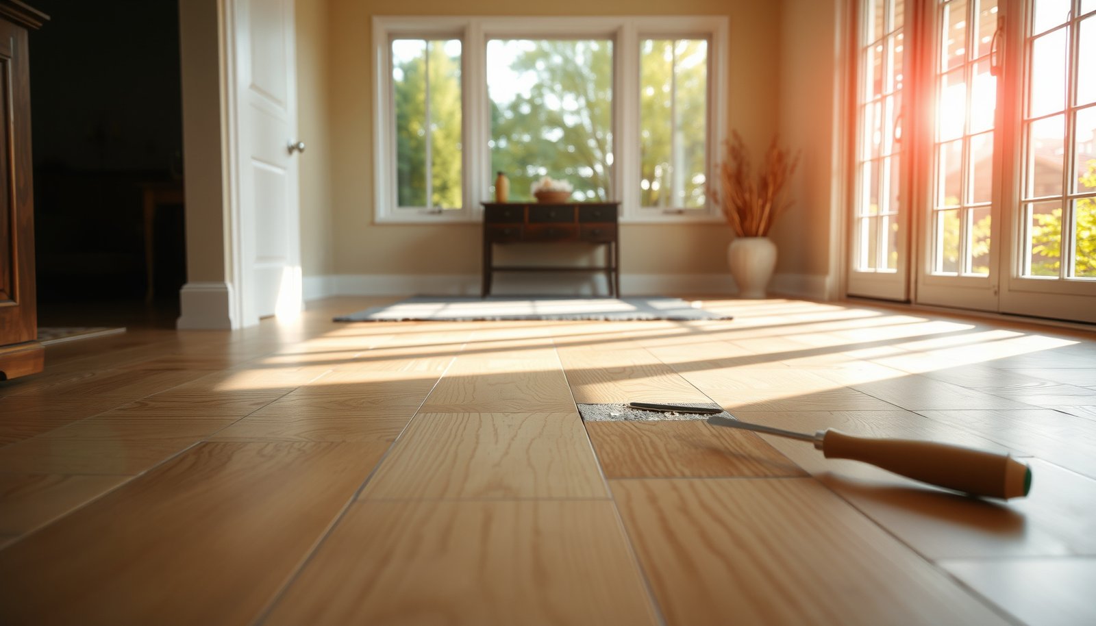 Step-by-step guide for repairing vinyl floors in a sunroom with tools and materials.