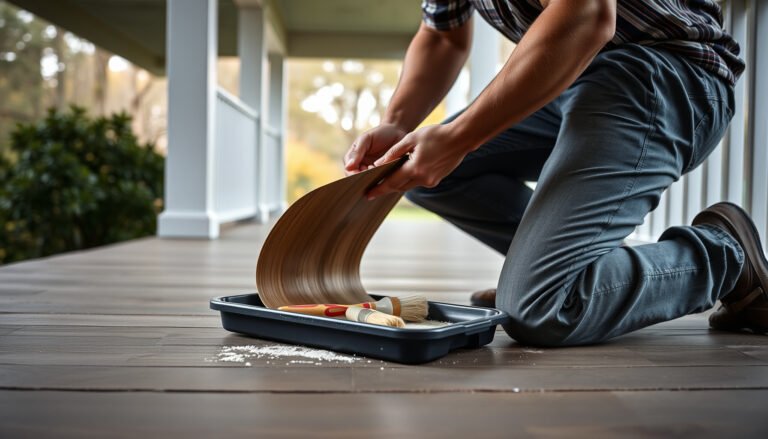 Step-by-step guide to repairing vinyl floors in a porch with tools and materials.