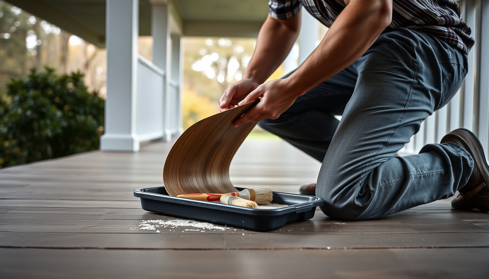 Step-by-step guide to repairing vinyl floors in a porch with tools and materials.