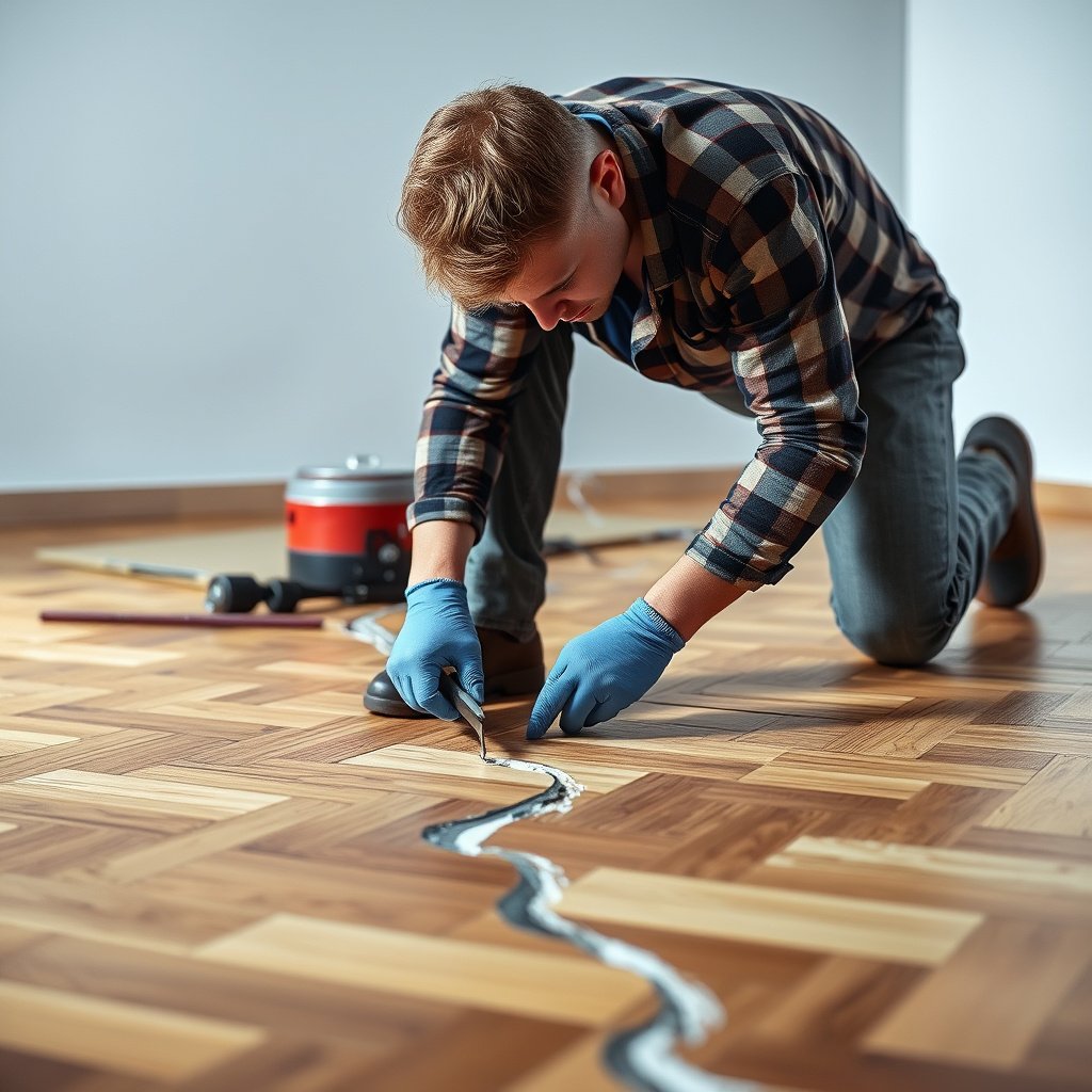 Applying a stronger repair compound to fix wider gaps or missing edges in parquet floors
