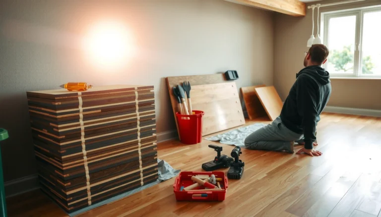 Step-by-step guide on how to replace laminate floors with tools and materials shown.