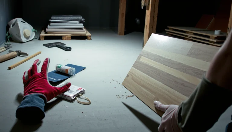 Step-by-step guide on how to replace basement floors with tools and materials shown.