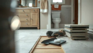 Step-by-step guide on how to replace bathroom floors with tools and materials shown