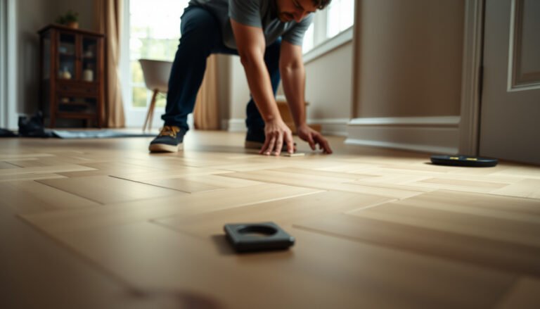 Step-by-step guide on how to replace chevron floors with tools and materials shown in the image.