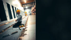 Step-by-step guide to replacing commercial floors with tools and materials shown.