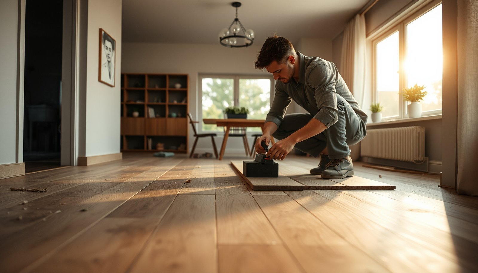 Step-by-step guide on how to replace engineered wood floors in a dining room.
