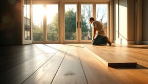 Step-by-step process of replacing engineered wood floors in a sunroom.