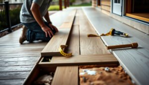 Step-by-step guide on replacing engineered wood floors in an outdoor walkway.