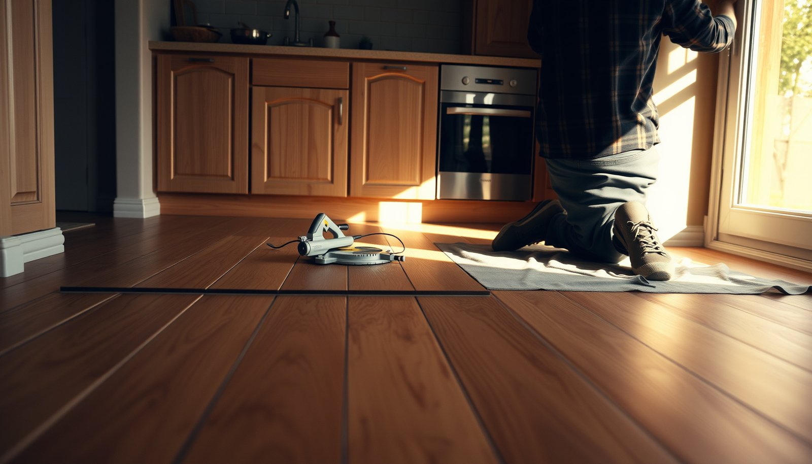 Step-by-step guide to replacing engineered wood floors in a kitchen.