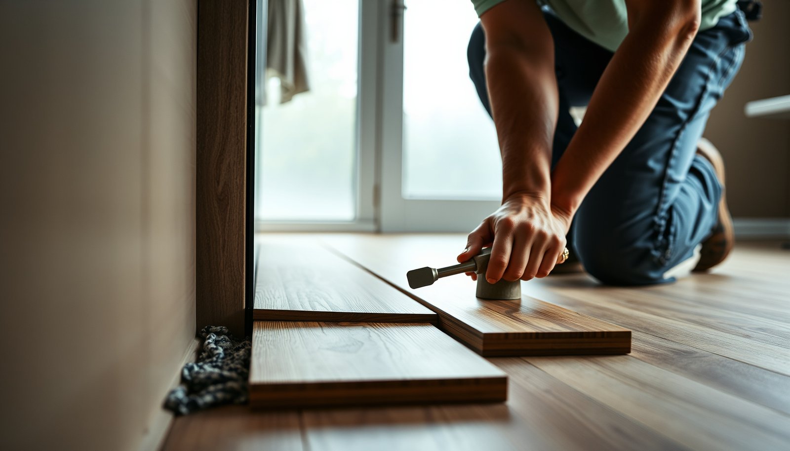 Step-by-step guide on replacing engineered wood floors in a bathroom.