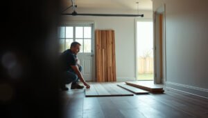 Step-by-step guide on replacing laminate floors in a garage with tools and materials shown.
