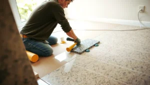 Step-by-step guide to replacing granite floors with tools and materials shown.