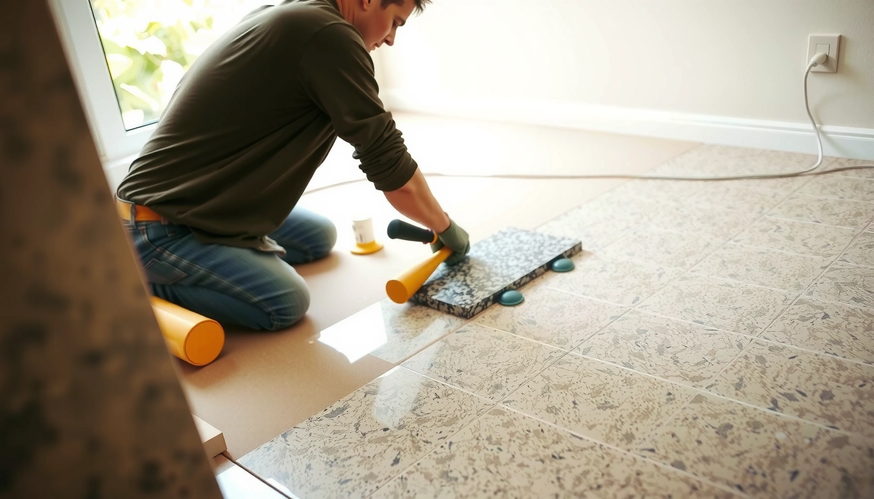 Step-by-step guide to replacing granite floors with tools and materials shown.
