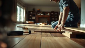 Step-by-step guide to replacing hardwood floors in a living room.