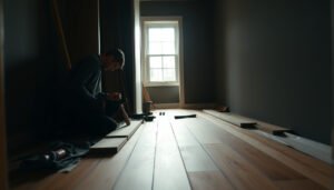 Step-by-step guide on replacing hardwood floors in a closet with tools and materials shown.