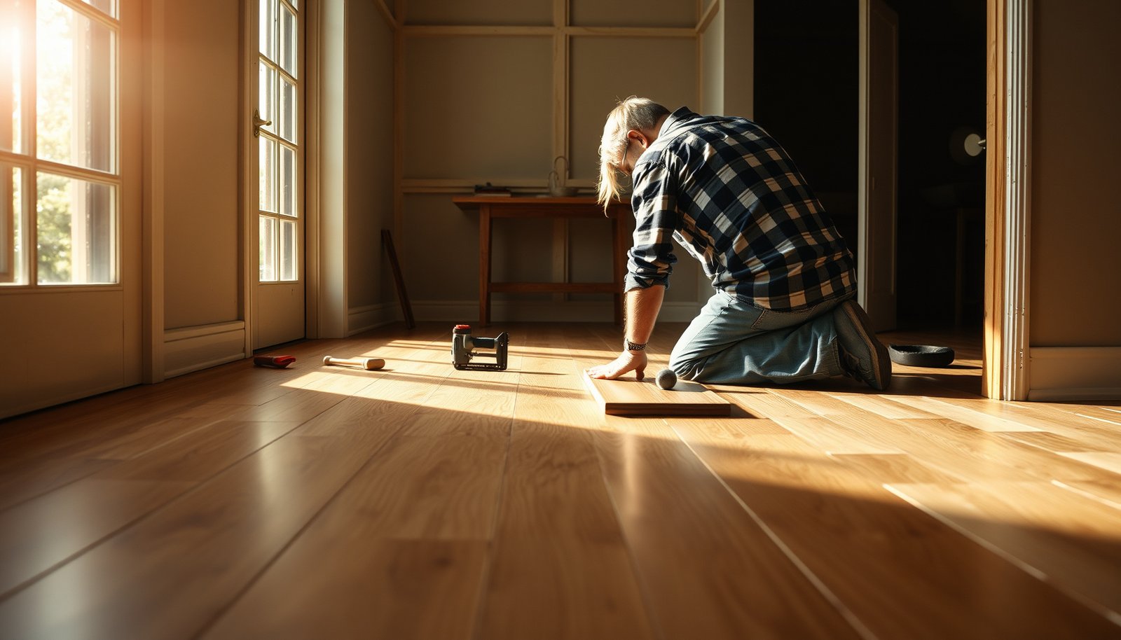 Step-by-step guide to replacing hardwood floors in a dining room with tools and materials.