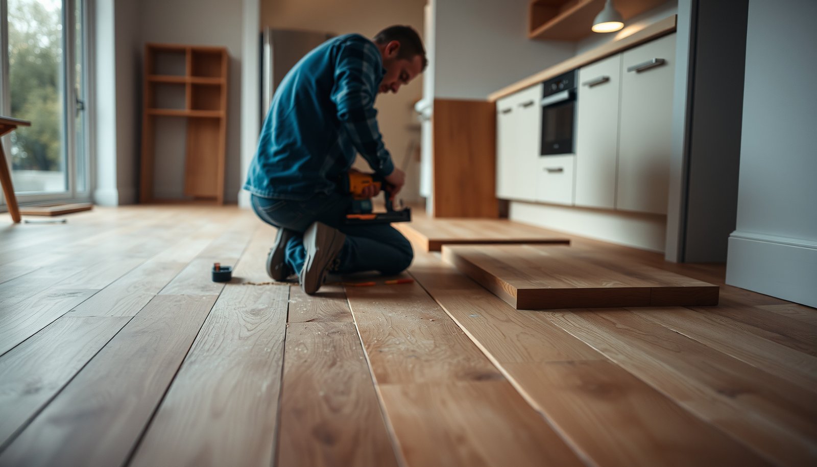 Step-by-step guide on how to replace hardwood floors in a kitchen with tools and materials.