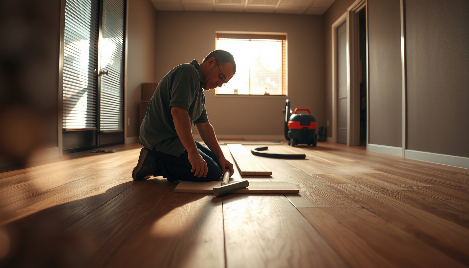 Step-by-step guide on replacing hardwood floors in a commercial office setting.