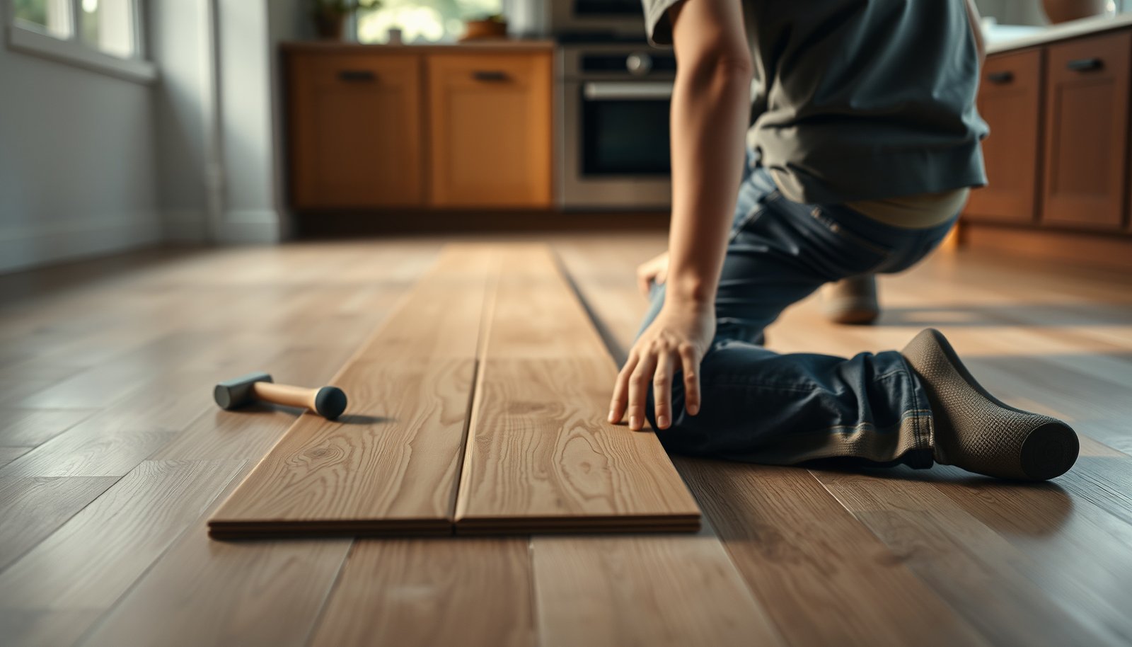 Step-by-step guide on how to replace laminate floors in a kitchen with tools and materials.