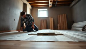 Step-by-step guide to replacing laminate floors in a basement with tools and materials.