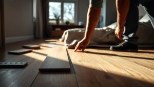 Step-by-step guide on how to replace laminate floors in a bedroom, showcasing tools and materials needed.