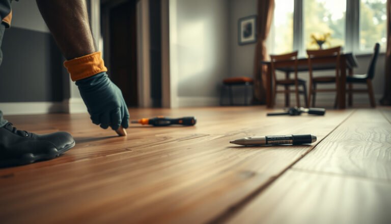 Step-by-step guide to replacing laminate floors in a dining room with tools and materials shown.