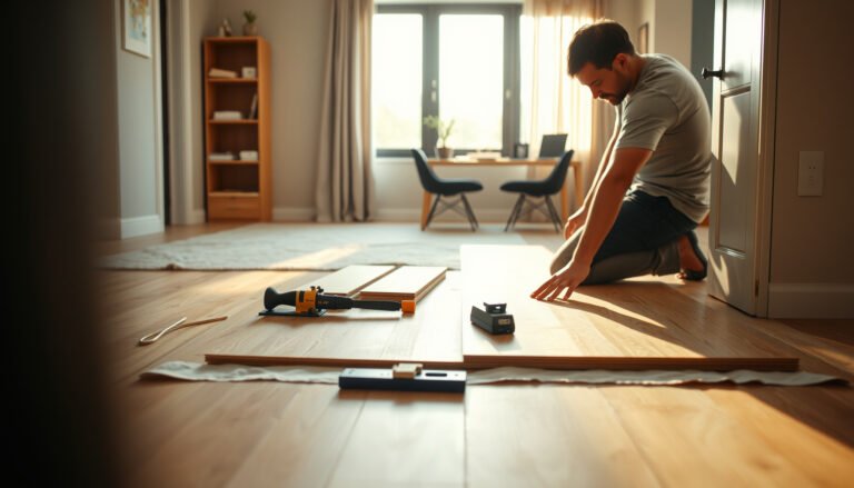 Step-by-step guide on replacing laminate floors in a home office setting.