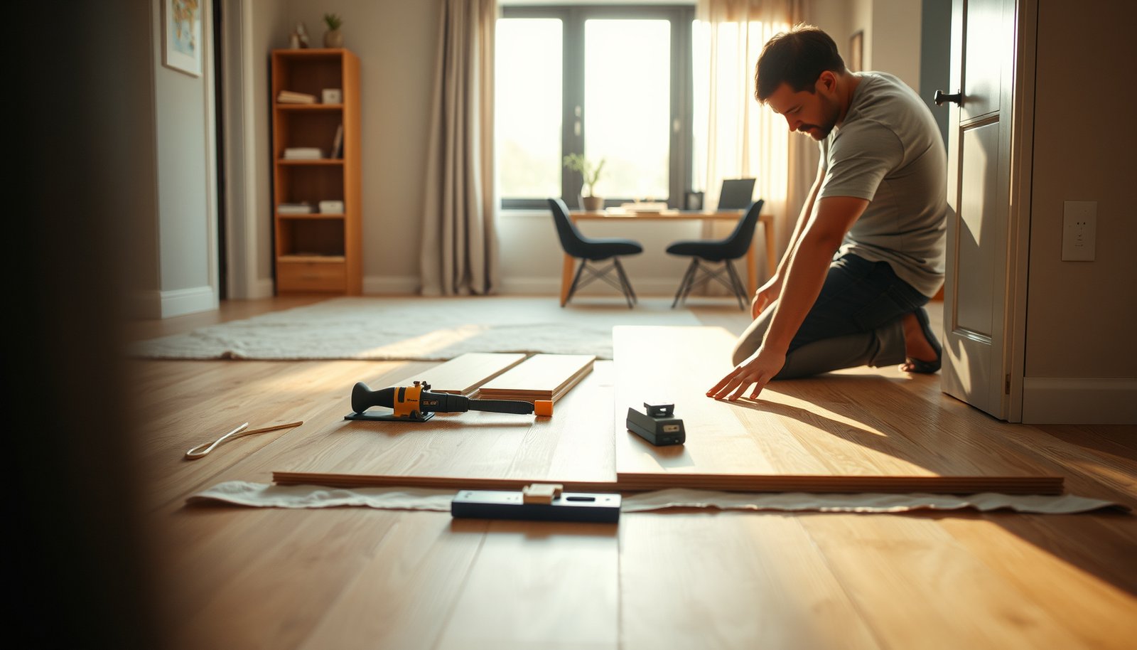 Step-by-step guide on replacing laminate floors in a home office setting.